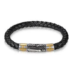 A.R.Z Men's 6mm Steel Black Leather 8.5  Bracelet