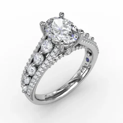 Classic Oval Diamond Solitaire Engagement Ring With Triple-Row Diamond Band