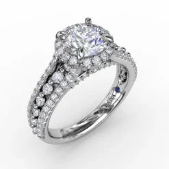 Classic Round Diamond Halo Engagement Ring With Triple-Row Diamond Band