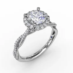 Classic Round Diamond Halo Engagement Ring With Twist Diamond Band