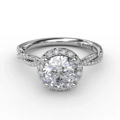 Classic Round Diamond Halo Engagement Ring With Twist Diamond Band