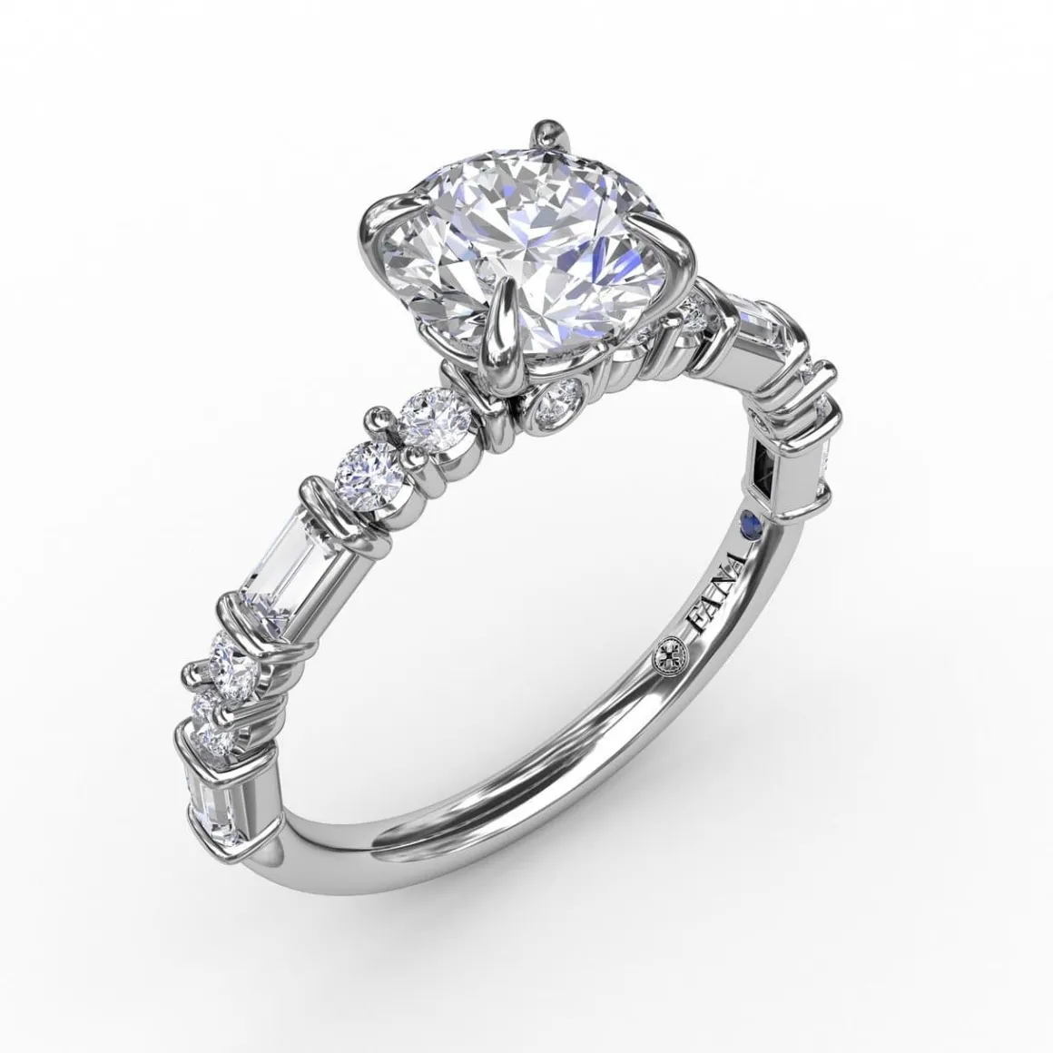 Contemporary Diamond Solitaire Engagement Ring With Baguettes and Round Diamond Accents