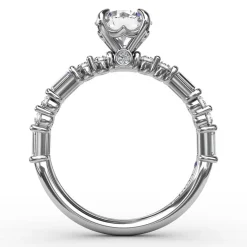 Contemporary Diamond Solitaire Engagement Ring With Baguettes and Round Diamond Accents