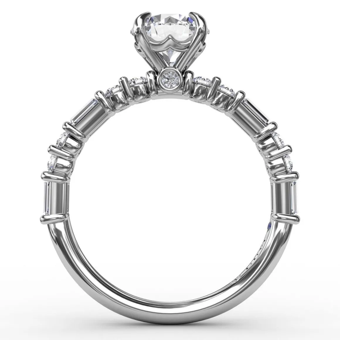 Contemporary Diamond Solitaire Engagement Ring With Baguettes and Round Diamond Accents