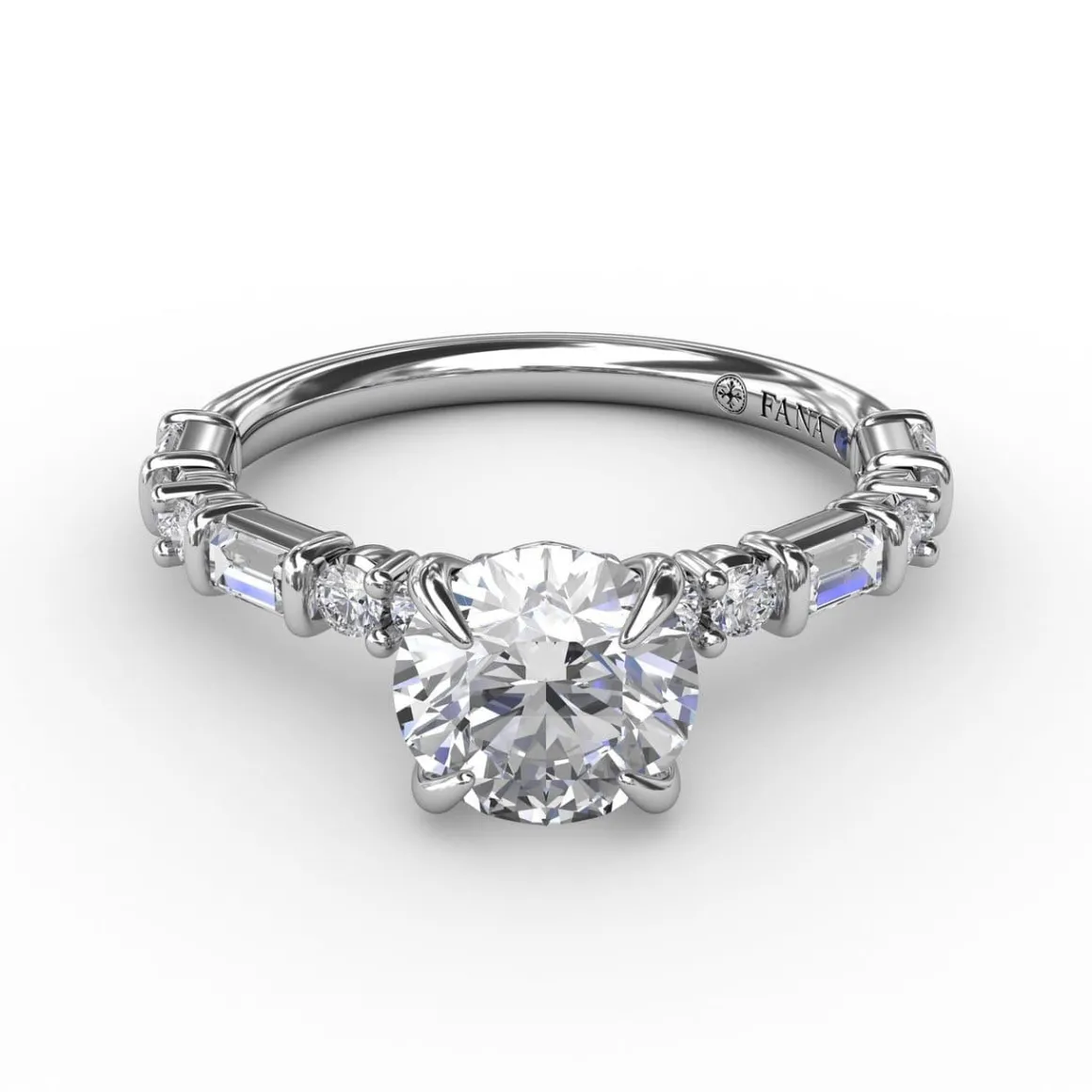 Contemporary Diamond Solitaire Engagement Ring With Baguettes and Round Diamond Accents
