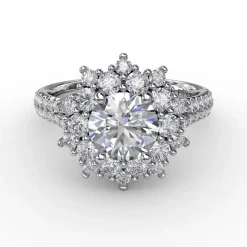 Contemporary Floral Halo Engagement Ring With Double-Row Pavé Band