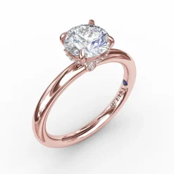 Contemporary Round Diamond Solitaire Engagement Ring With Hidden Pavé Halo
