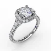 Cushion Shaped Diamond Halo Engagement Ring With Baguettes