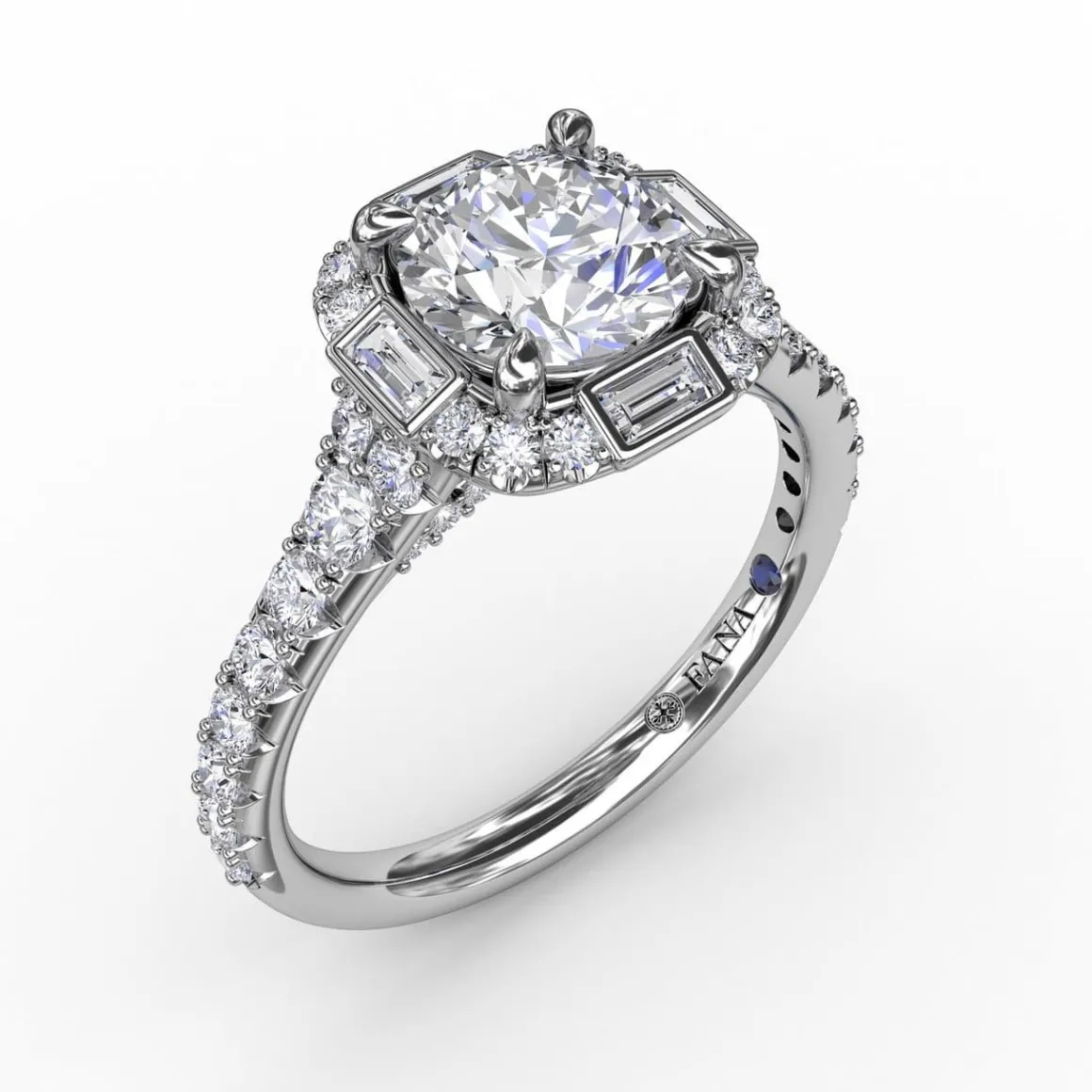 Cushion Shaped Diamond Halo Engagement Ring With Baguettes
