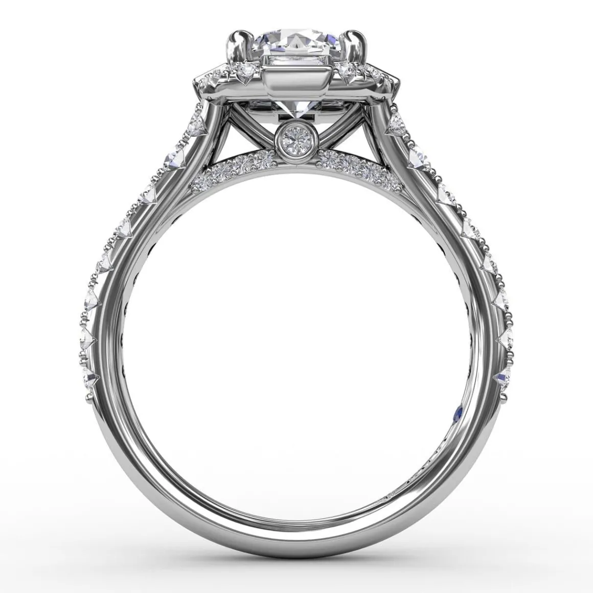 Cushion Shaped Diamond Halo Engagement Ring With Baguettes