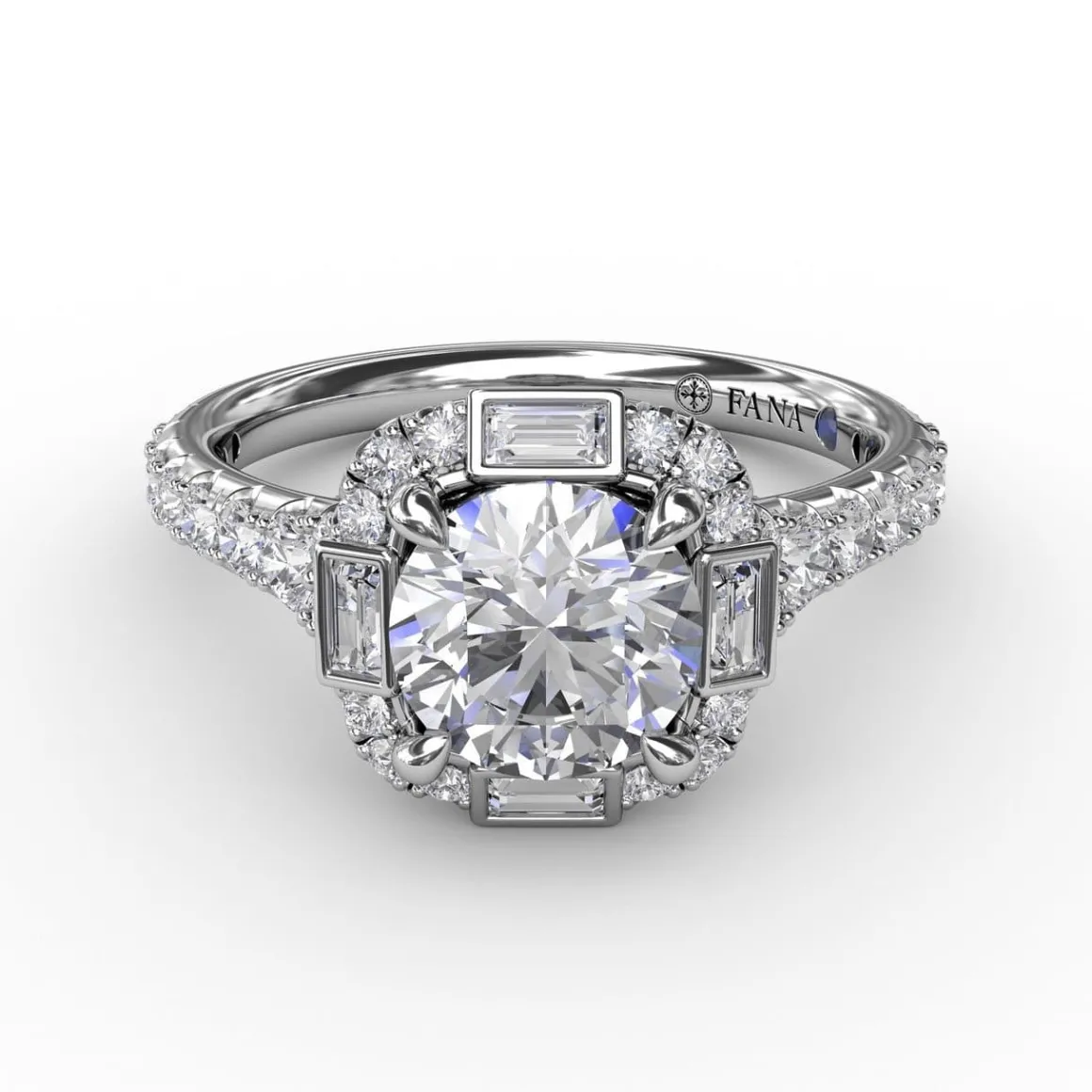 Cushion Shaped Diamond Halo Engagement Ring With Baguettes