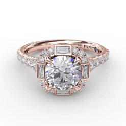 Cushion Shaped Diamond Halo Engagement Ring With Baguettes