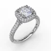 Cushion-Shaped Waterfall Halo Engagement Ring With Pavé Band
