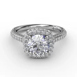 Cushion-Shaped Waterfall Halo Engagement Ring With Pavé Band