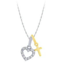 14k Two Tone Gold 1/10Ctw Heart And Cross Charm Pendant
