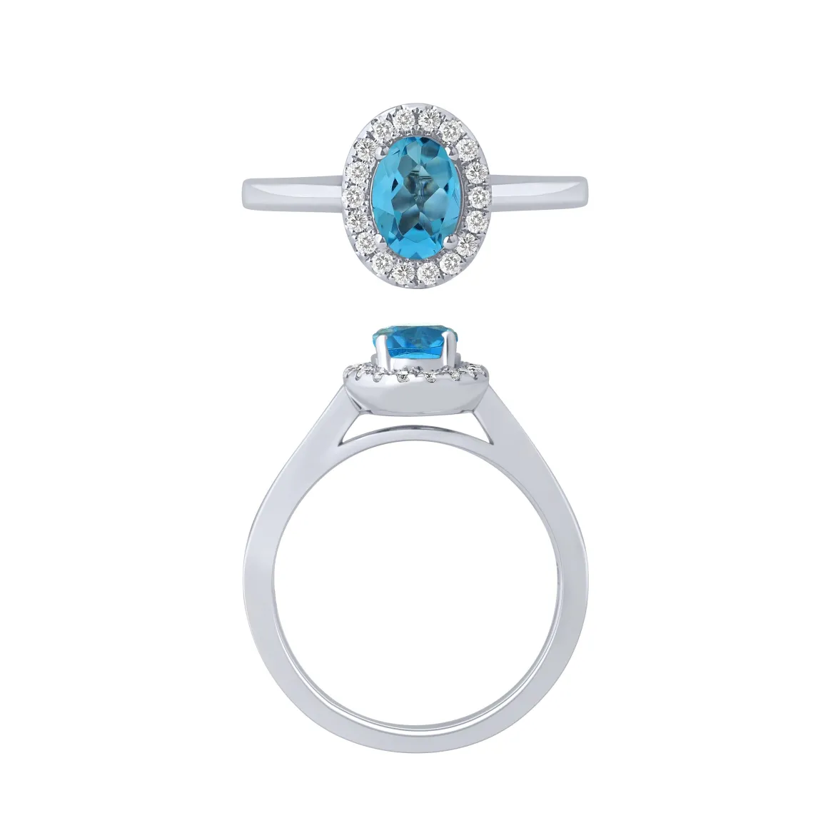 14K White Gold Blue Topaz And Diamond Halo Ring