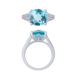 14K White Gold Cushion Aqua And Diamond Ring