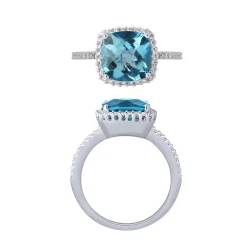 14K White Gold Cushion Topaz Halo Ring