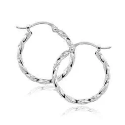 14K White Gold 1.8X18mm Twisted Tube Hoop Earrings