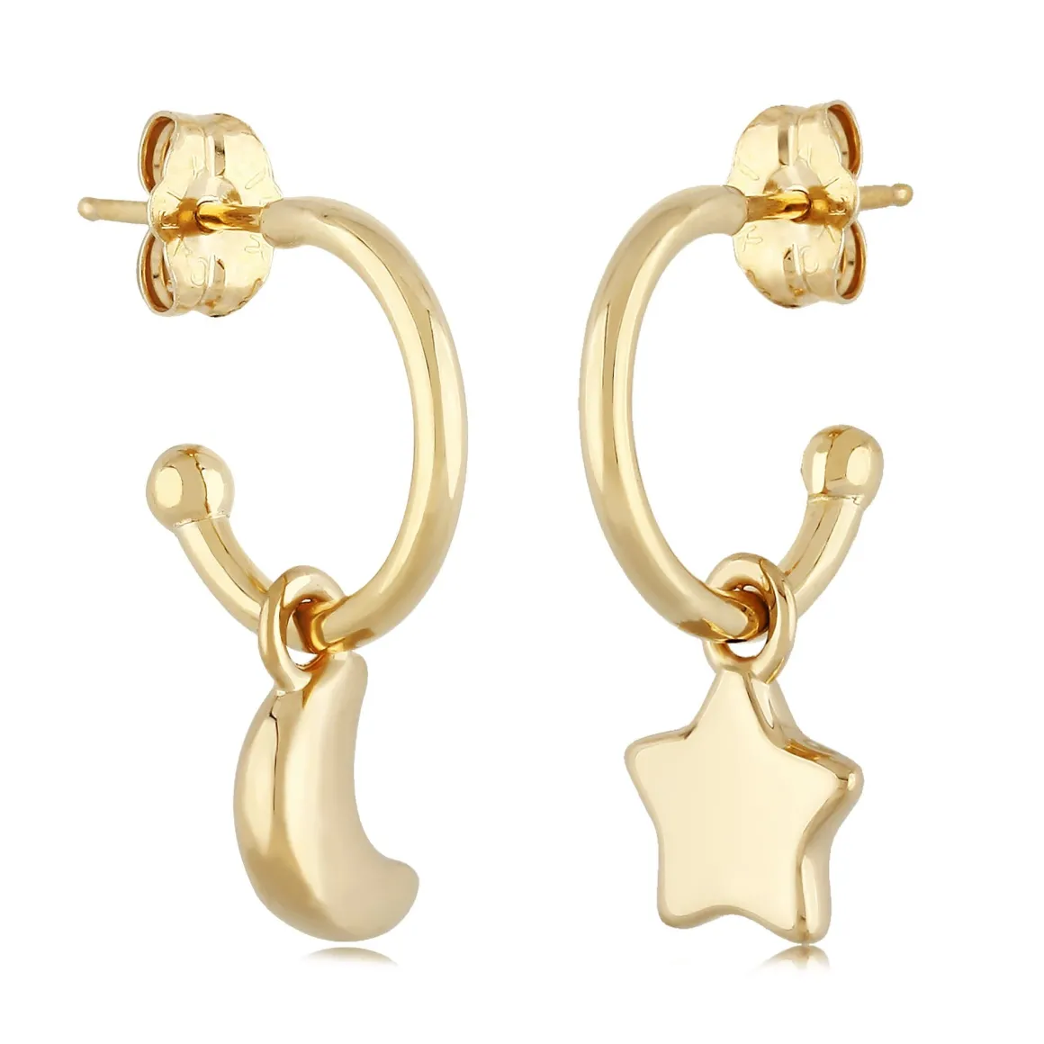 14K Yellow Gold 1.5X12M W/8mm Flat Moon & Star Drop Earrings
