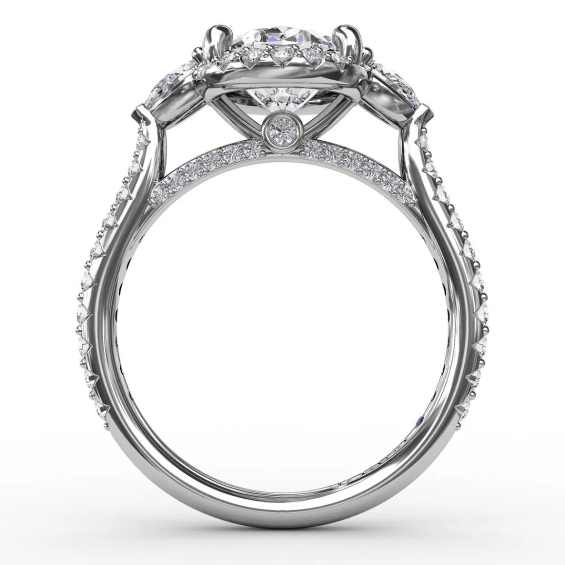 Oval Diamond Halo Engagement Ring With Pear-Shape Diamond Side Stones