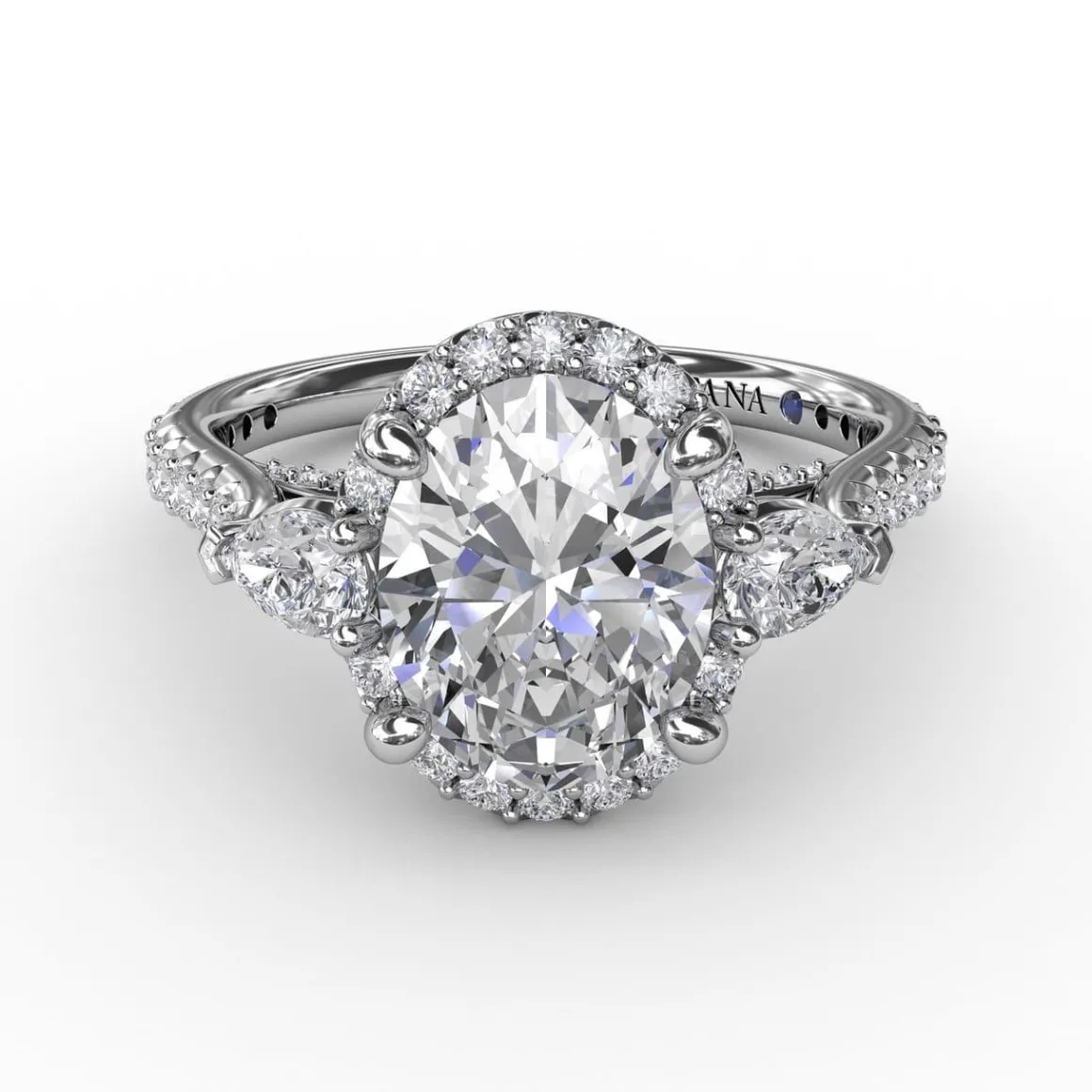 Oval Diamond Halo Engagement Ring With Pear-Shape Diamond Side Stones