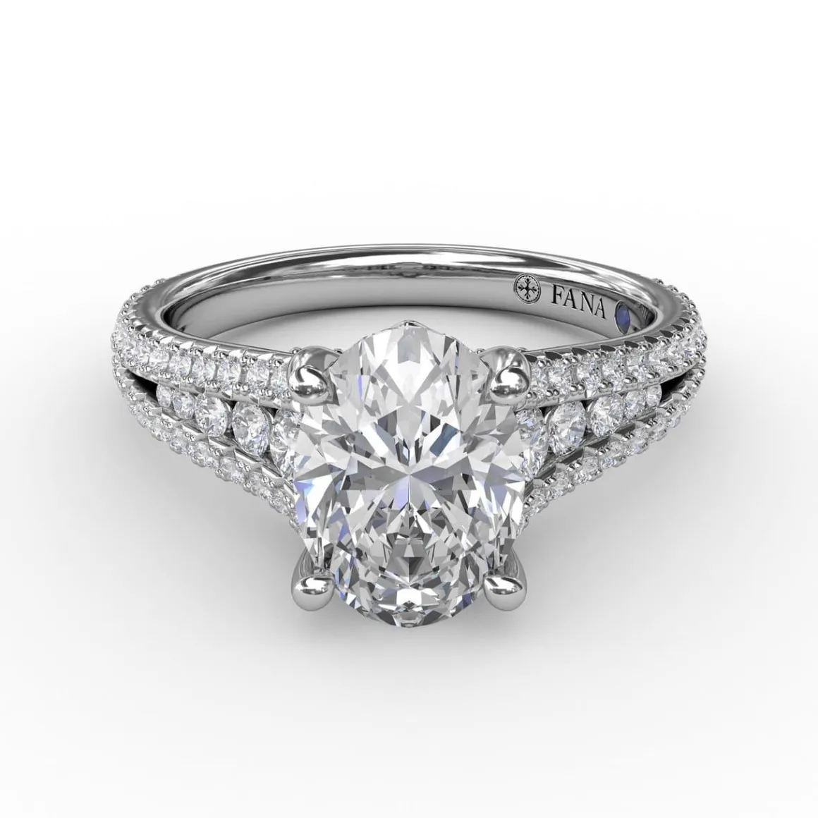 Oval Diamond Solitaire Engagement Ring With Triple-Row Tapered Diamond Band