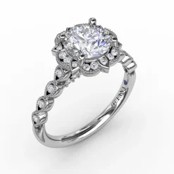 Round Diamond Engagement With Floral Halo and Milgrain Details