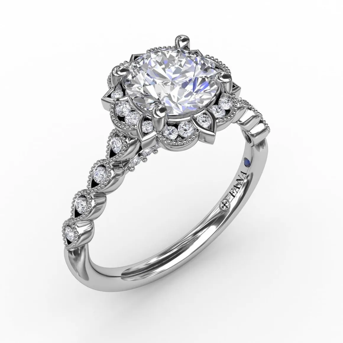 Round Diamond Engagement With Floral Halo and Milgrain Details