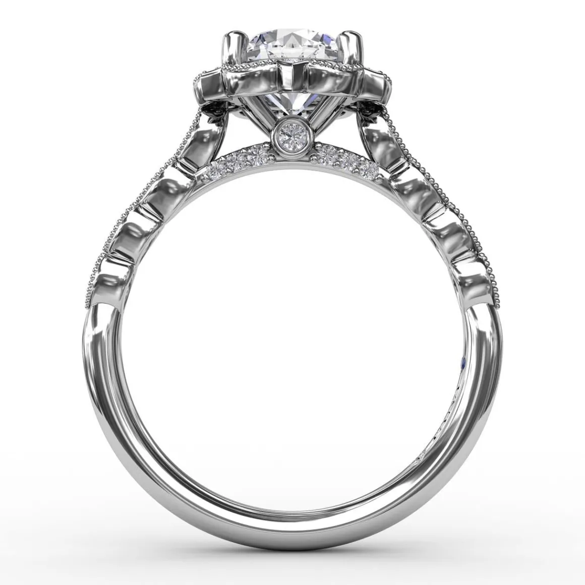 Round Diamond Engagement With Floral Halo and Milgrain Details