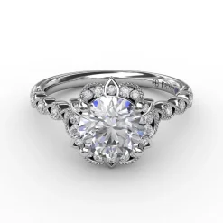 Round Diamond Engagement With Floral Halo and Milgrain Details
