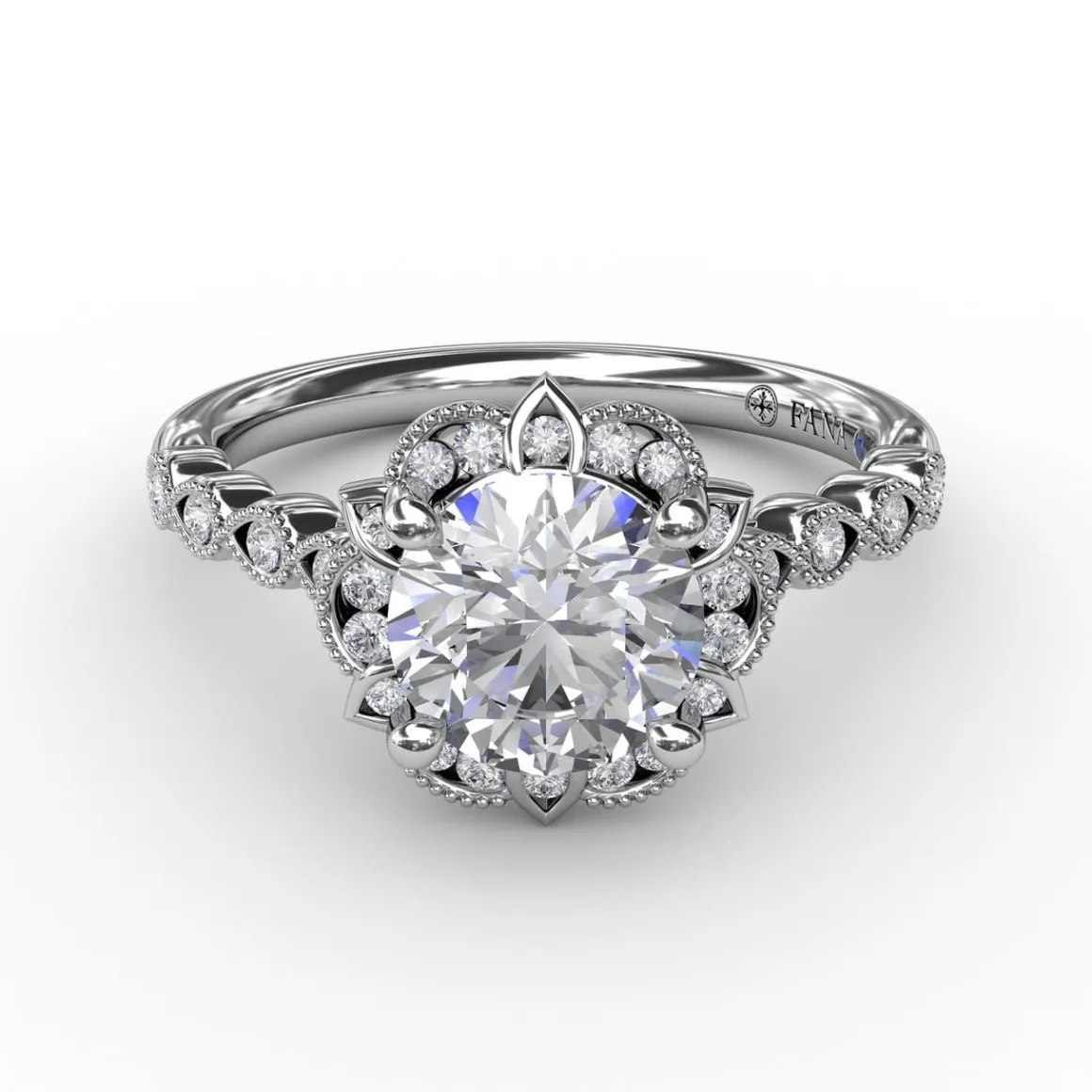 Round Diamond Engagement With Floral Halo and Milgrain Details