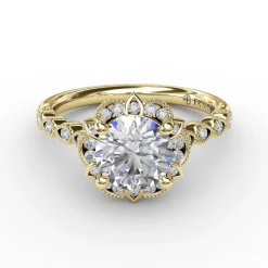Round Diamond Engagement With Floral Halo and Milgrain Details