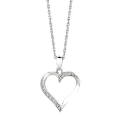 Silver 18 inches Rhodium Finish Shiny 1.1mm Cable Chain with Lobster Clasp+0.05Ct Diamond Fancy Open Heart Pendant