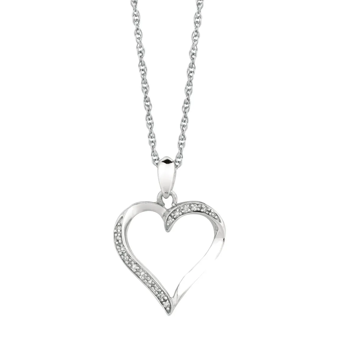 Silver 18 inches Rhodium Finish Shiny 1.1mm Cable Chain with Lobster Clasp+0.05Ct Diamond Fancy Open Heart Pendant