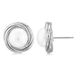 Sterling Silver Lg Knot W/8mm Fw Pearl Earrings