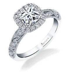 Sylvie Collection 14K White Gold Cushion Halo Engagement Ring Setting .37tw