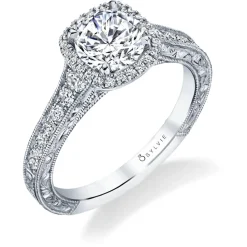 Sylvie Collection 14K White Gold Round Halo Engagement Ring Setting W. 1Ct Round Halo