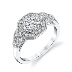 Sylvie Collection 14K White Gold Round Engagement Ring Setting W. 1Ct Round Head 14K White Gold