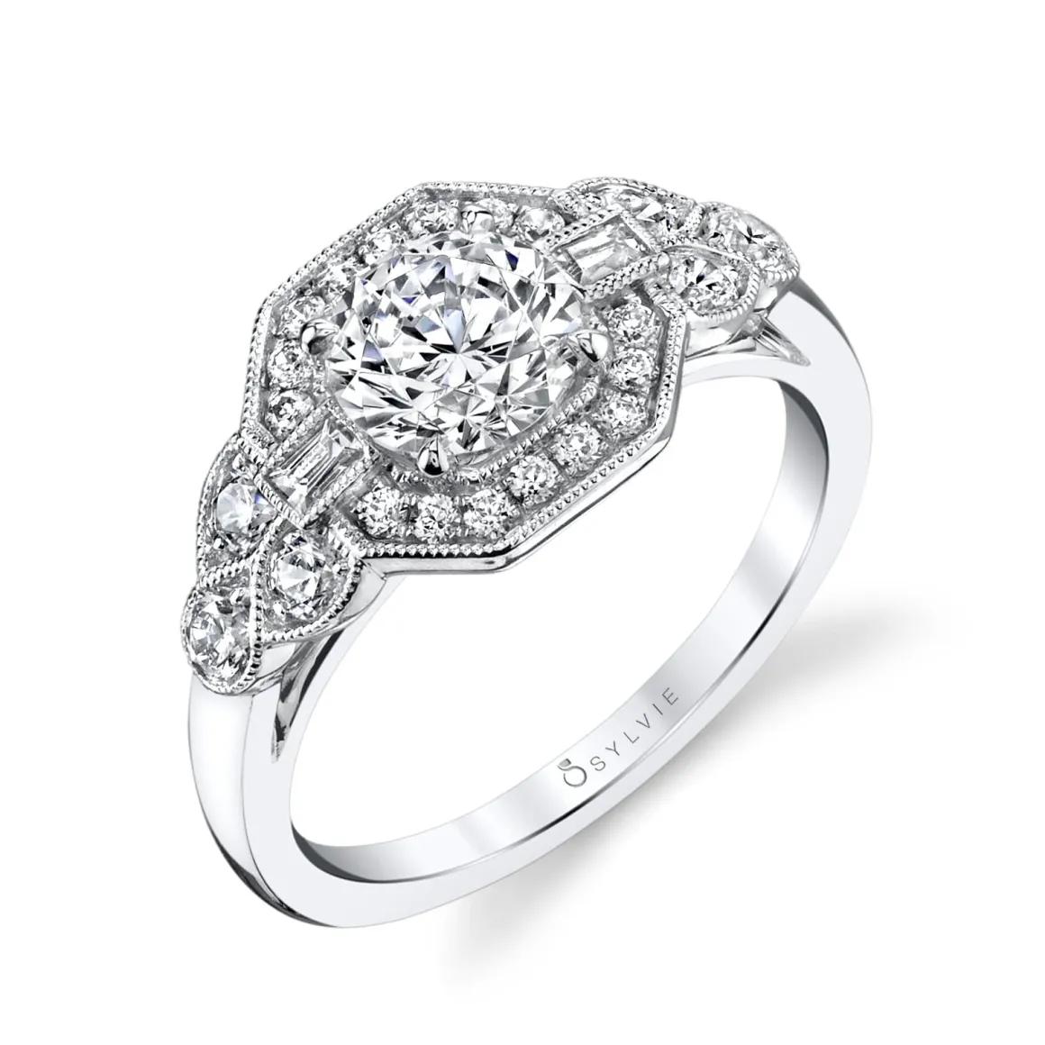 Sylvie Collection 14K White Gold Round Engagement Ring Setting W. 1Ct Round Head 14K White Gold
