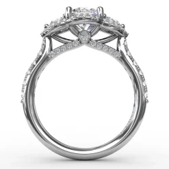 Three-Stone Round Diamond Halo Engagement Ring