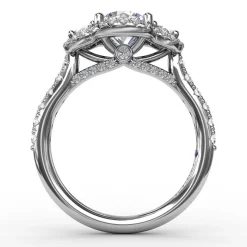 Three-Stone Round Diamond Halo Engagement Ring